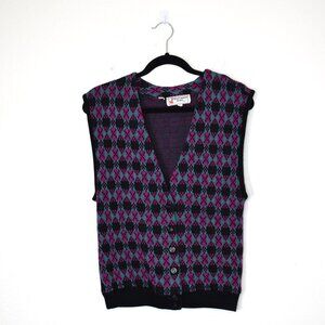Crazy Horse Girl Argyle Sweater Vest Sz L Button Front Preppy Academia 90s VTG
